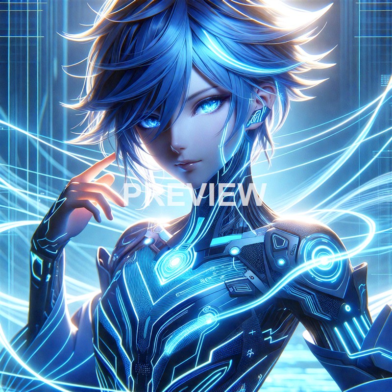 A futuristic female cyborg with glowing blue hair and eyes, wearing a high-tech suit with luminous circuitry, set against a digital cityscape background.